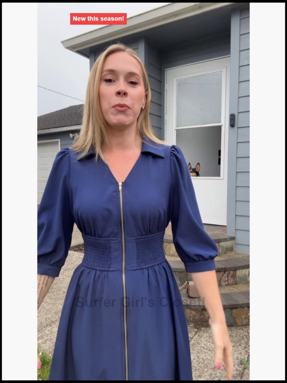 Midi Dress A-Line Work Dress 3/4 Sleeve Zipper Smocked Waist Pockets - Picture 7 of 7